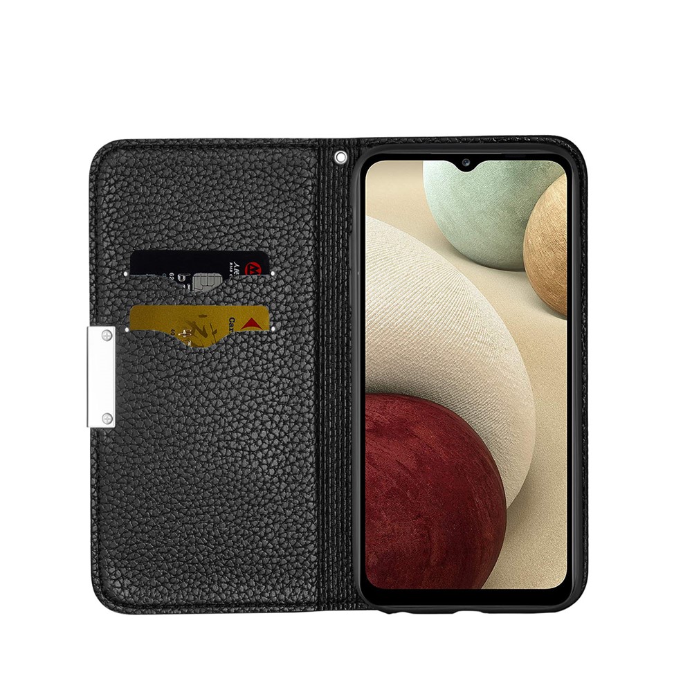 Metal Buckle Automatic absorption Litchi Skin Leather Cover with Card Holder for Samsung Galaxy A12 - Black-4