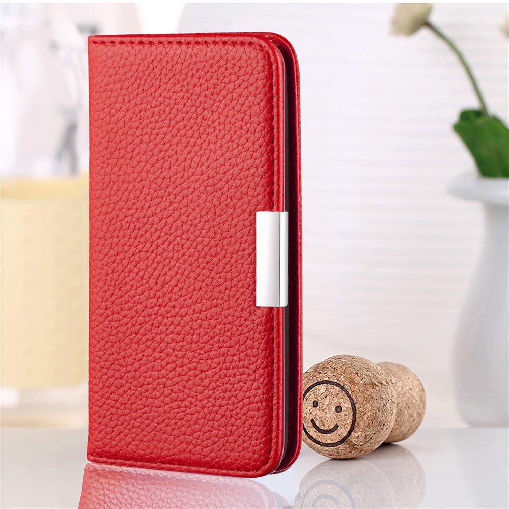 Metal Buckle Automatic absorption Litchi Skin Leather Cover with Card Holder for Samsung Galaxy A12 - Red-10
