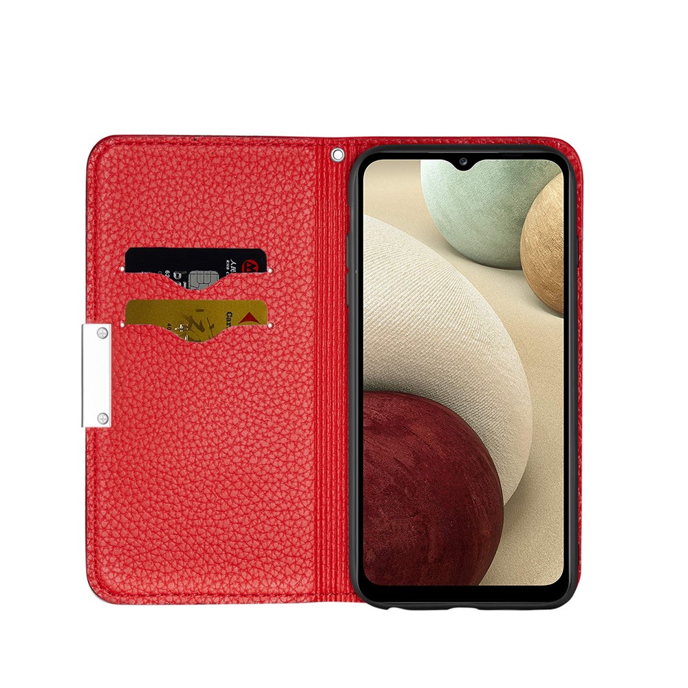 Metal Buckle Automatic absorption Litchi Skin Leather Cover with Card Holder for Samsung Galaxy A12 - Red-4