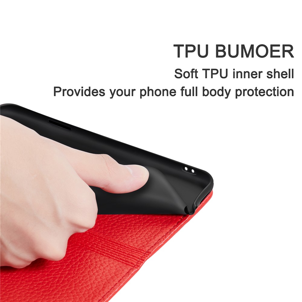 Metal Buckle Automatic absorption Litchi Skin Leather Cover with Card Holder for Samsung Galaxy A12 - Red-5