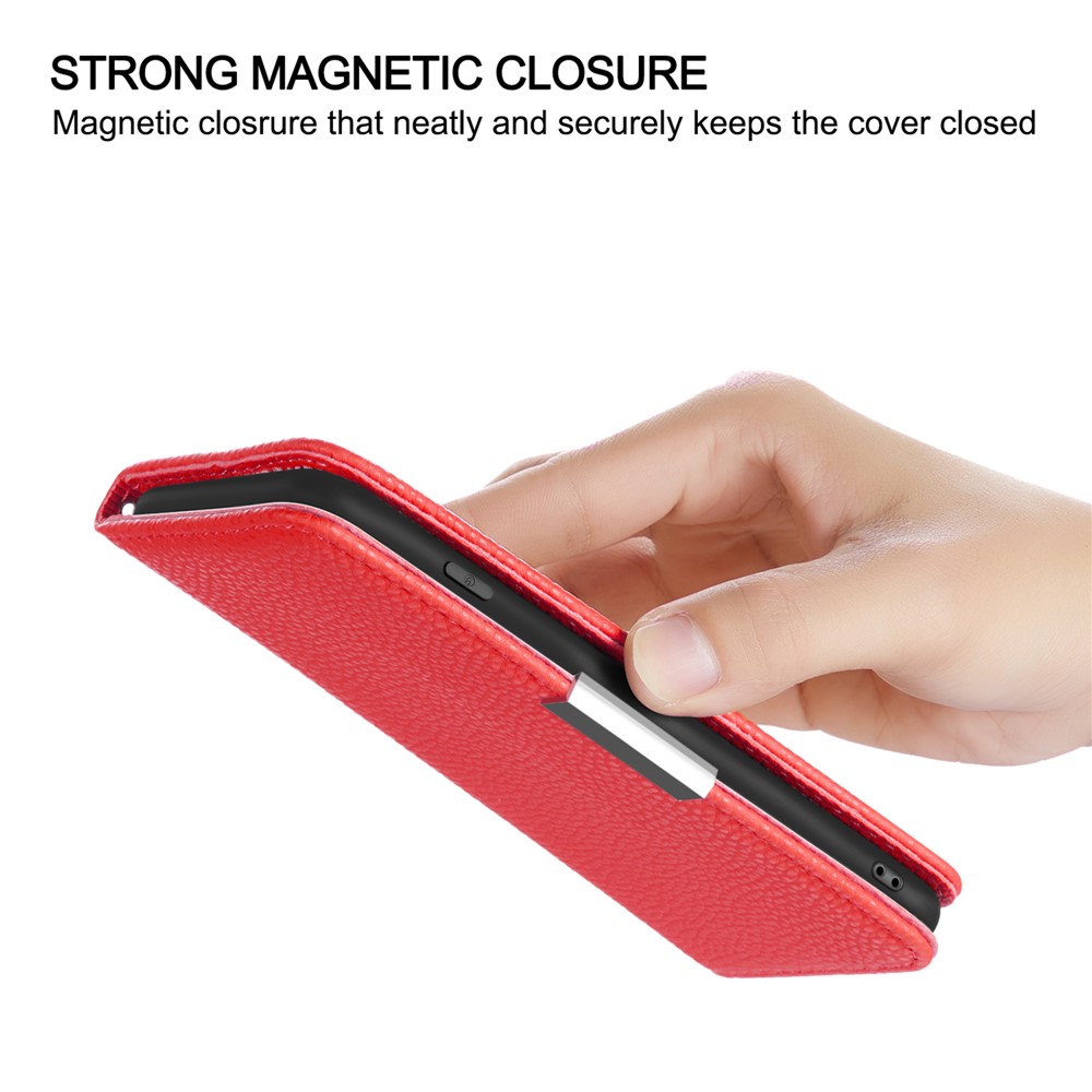 Metal Buckle Automatic absorption Litchi Skin Leather Cover with Card Holder for Samsung Galaxy A12 - Red-6