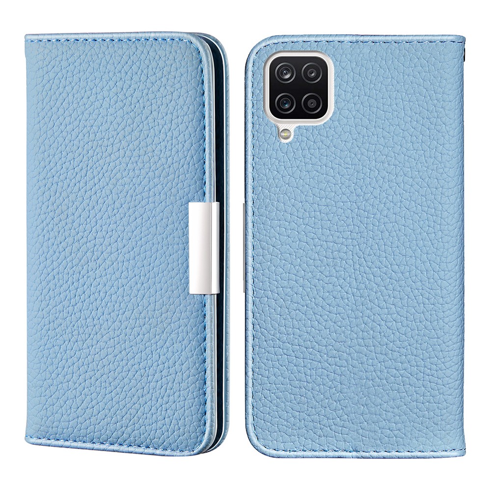 Metal Buckle Automatic absorption Litchi Skin Leather Cover with Card Holder for Samsung Galaxy A12 - Blue-1