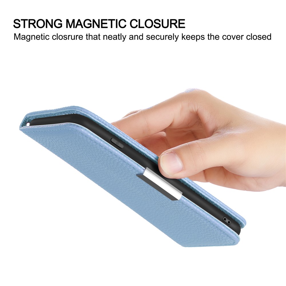 Metal Buckle Automatic absorption Litchi Skin Leather Cover with Card Holder for Samsung Galaxy A12 - Blue-6