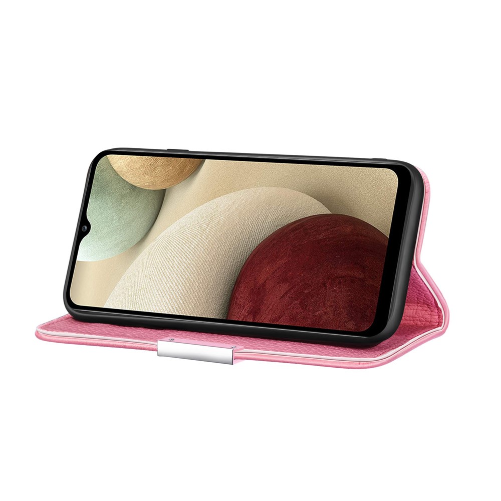 Metal Buckle Automatic absorption Litchi Skin Leather Cover with Card Holder for Samsung Galaxy A12 - Pink-2