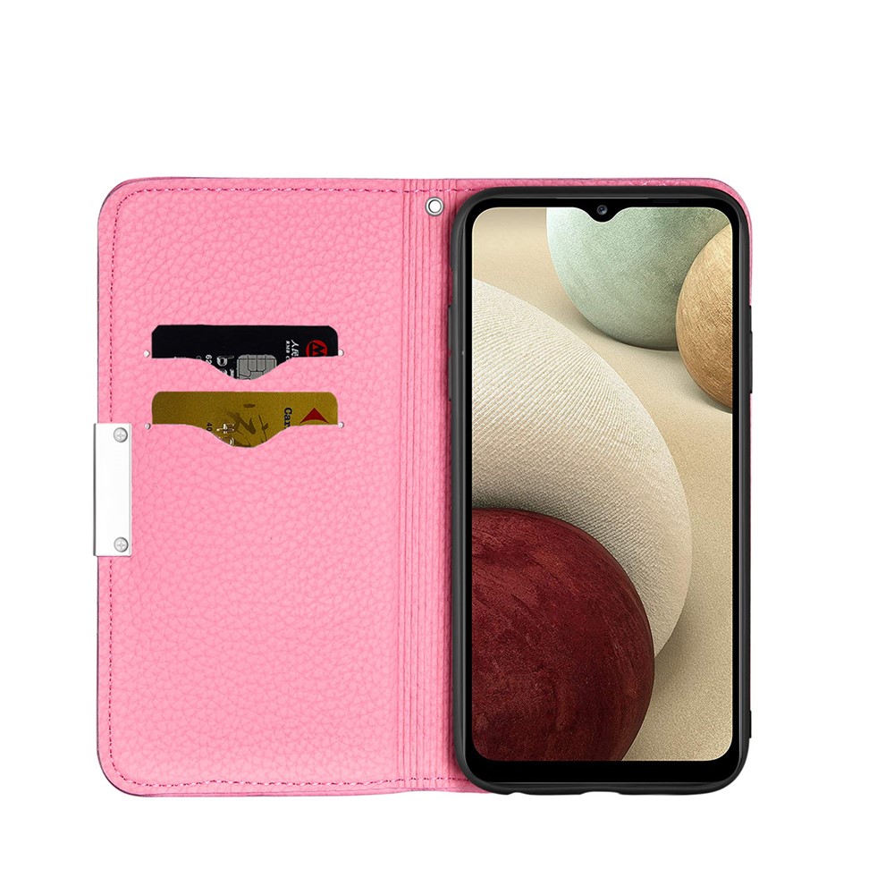 Metal Buckle Automatic absorption Litchi Skin Leather Cover with Card Holder for Samsung Galaxy A12 - Pink-4