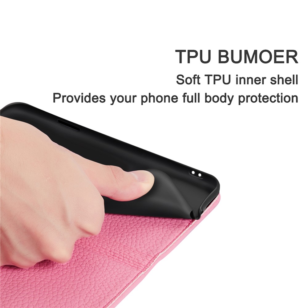 Metal Buckle Automatic absorption Litchi Skin Leather Cover with Card Holder for Samsung Galaxy A12 - Pink-5
