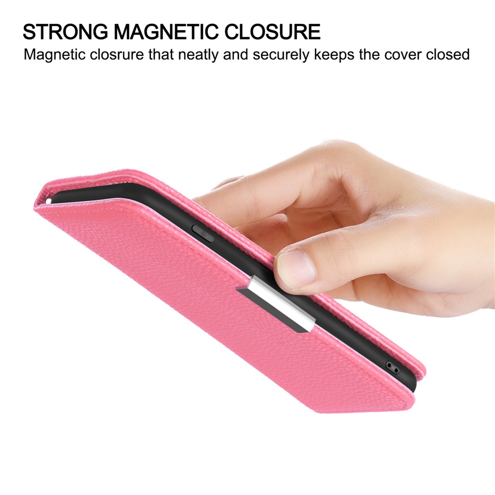 Metal Buckle Automatic absorption Litchi Skin Leather Cover with Card Holder for Samsung Galaxy A12 - Pink-6