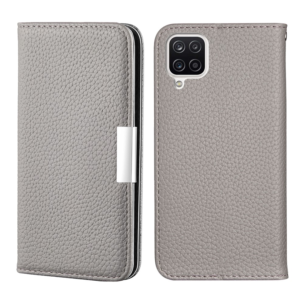 Metal Buckle Automatic absorption Litchi Skin Leather Cover with Card Holder for Samsung Galaxy A12 - Grey-1