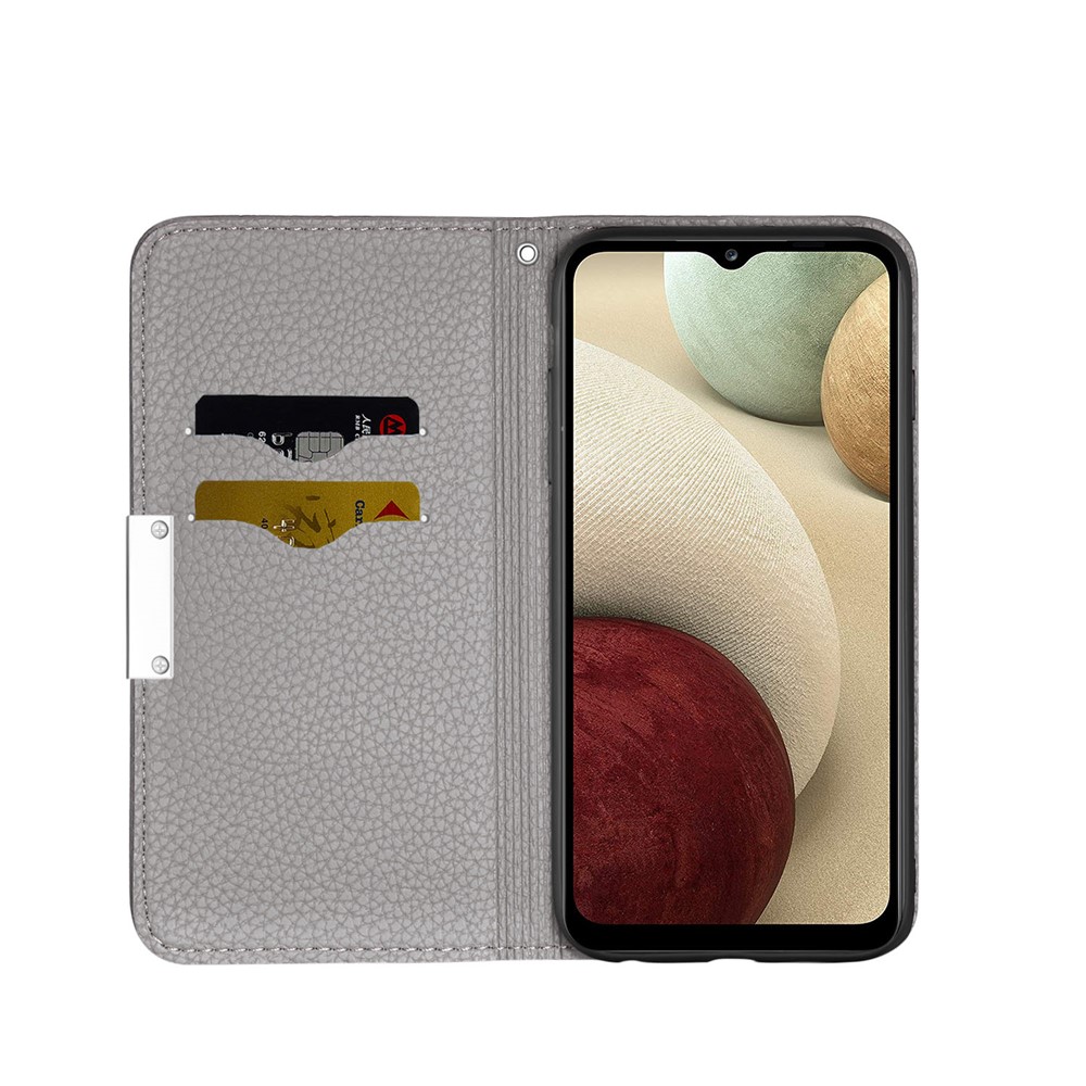 Metal Buckle Automatic absorption Litchi Skin Leather Cover with Card Holder for Samsung Galaxy A12 - Grey-4