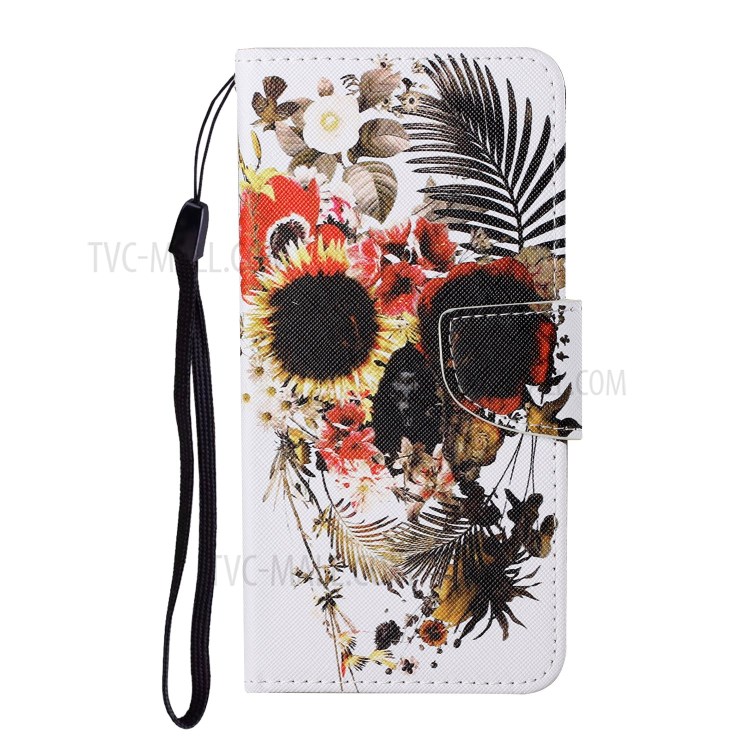 Pattern Printing Wallet Stand PU Leather Phone Cover Shell with Lanyard for Samsung Galaxy A52 4G / 5G - Skull-1