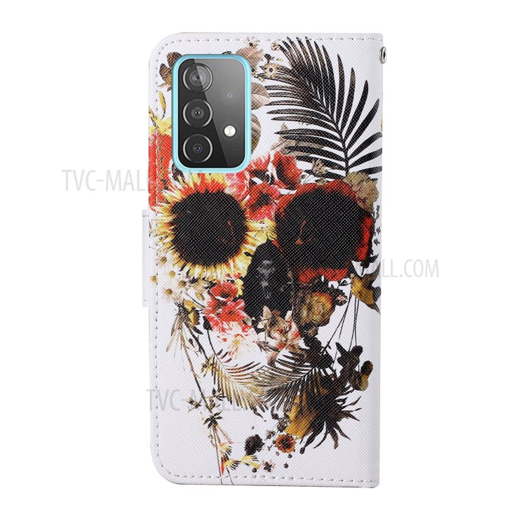 Pattern Printing Wallet Stand PU Leather Phone Cover Shell with Lanyard for Samsung Galaxy A52 4G / 5G - Skull-2