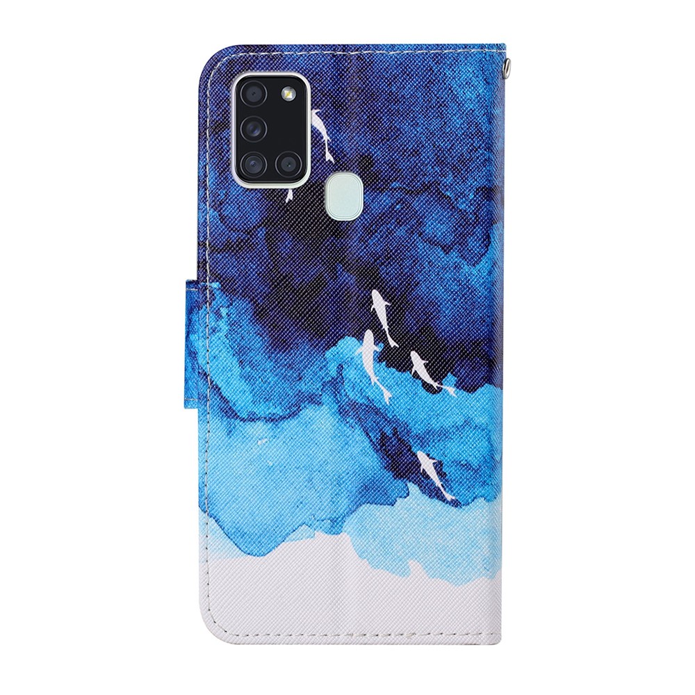 Pattern Printing Wallet Stand Design Leather Phone Cover Shell with Lanyard for Samsung Galaxy A21s - Fish-2