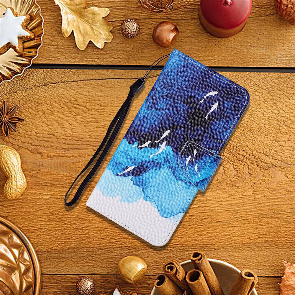 Pattern Printing Wallet Stand Design Leather Phone Cover Shell with Lanyard for Samsung Galaxy A21s - Fish-5