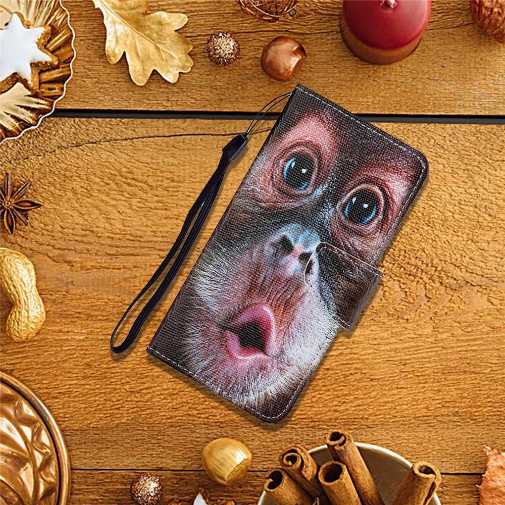 Colorful Pattern Printing PU Leather Phone Stand Case with Strap for Samsung Galaxy A12 - Monkey-5