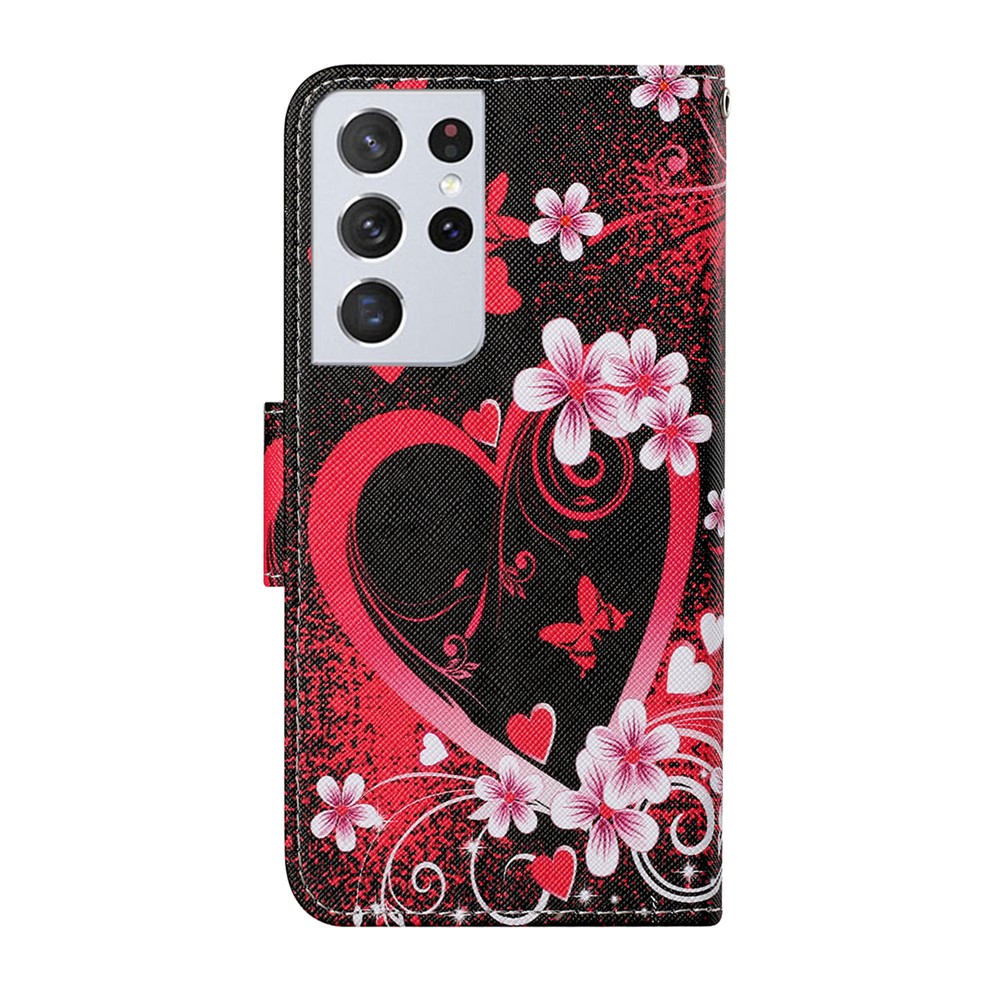 Colorful Pattern Printing Leather Case Stand Wallet Shell for Samsung Galaxy S21 Ultra 5G - Flower and Heart-2