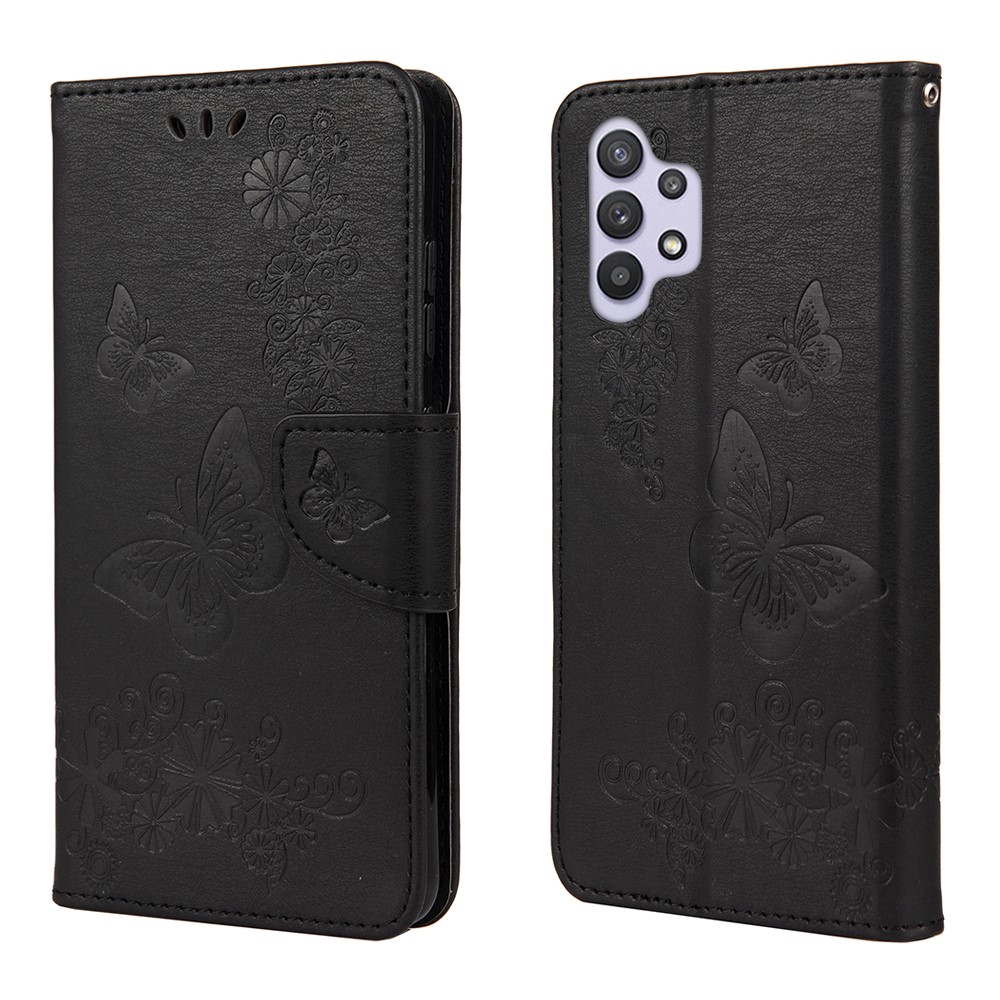 Butterflies Flower Pattern Design Imprinting Leather Wallet Stand Case for Samsung Galaxy A32 4G - Black-1