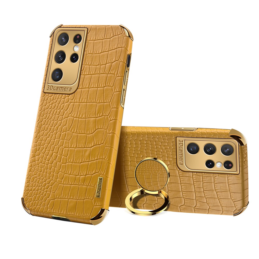 Crocodile Texture PU Leather Design + TPU Electroplating Precise Cutout Phone Cover with Ring Holder for Samsung Galaxy S21 Ultra 5G - Yellow-1