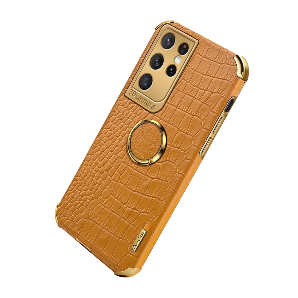 Crocodile Texture PU Leather Design + TPU Electroplating Precise Cutout Phone Cover with Ring Holder for Samsung Galaxy S21 Ultra 5G - Yellow-2