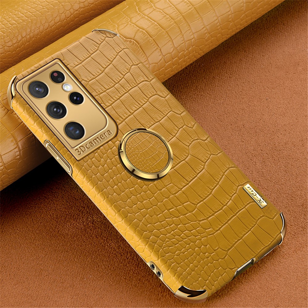 Crocodile Texture PU Leather Design + TPU Electroplating Precise Cutout Phone Cover with Ring Holder for Samsung Galaxy S21 Ultra 5G - Yellow-3