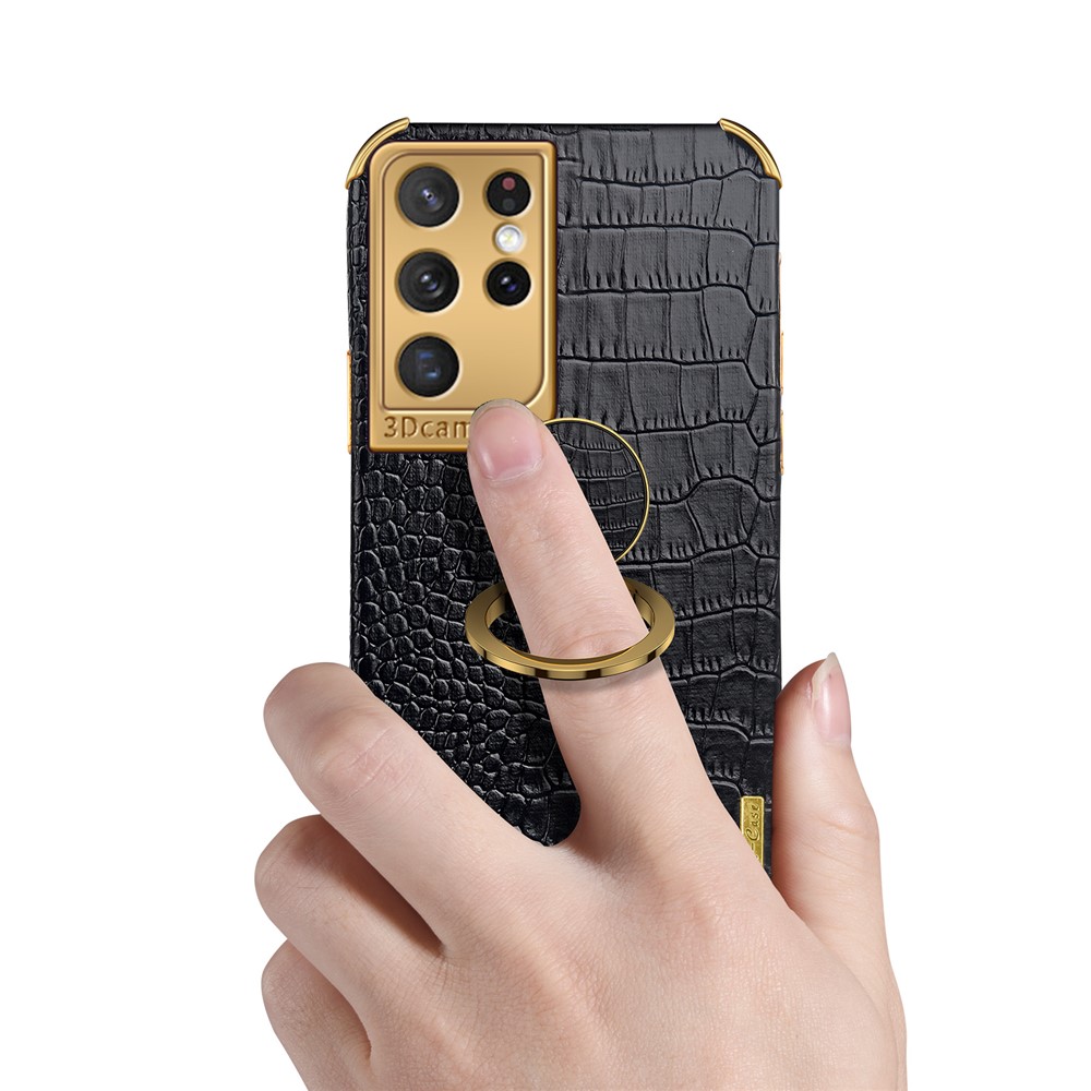 Crocodile Texture PU Leather Design + TPU Electroplating Precise Cutout Phone Cover with Ring Holder for Samsung Galaxy S21 Ultra 5G - Yellow-4