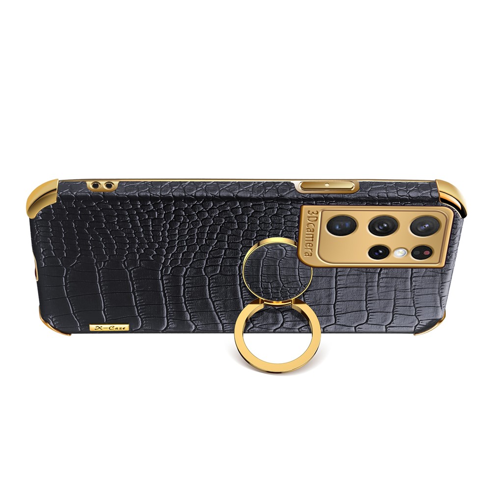 Crocodile Texture PU Leather Design + TPU Electroplating Precise Cutout Phone Cover with Ring Holder for Samsung Galaxy S21 Ultra 5G - Yellow-5