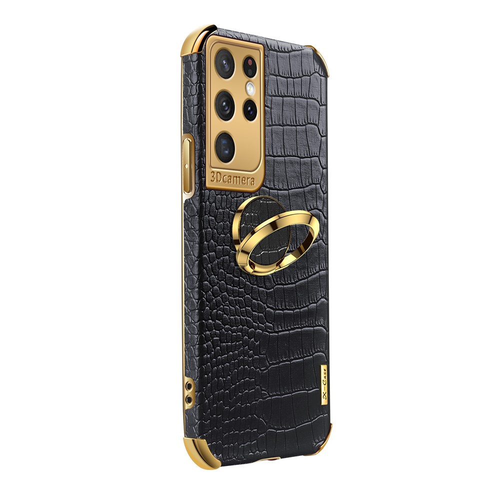 Crocodile Texture PU Leather Design + TPU Electroplating Precise Cutout Phone Cover with Ring Holder for Samsung Galaxy S21 Ultra 5G - Yellow-6