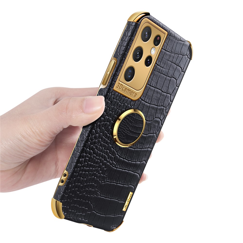 Crocodile Texture PU Leather Design + TPU Electroplating Precise Cutout Phone Cover with Ring Holder for Samsung Galaxy S21 Ultra 5G - Yellow-7