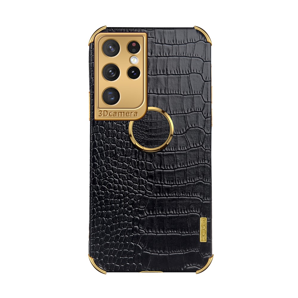 Crocodile Texture PU Leather Design + TPU Electroplating Precise Cutout Phone Cover with Ring Holder for Samsung Galaxy S21 Ultra 5G - Yellow-8