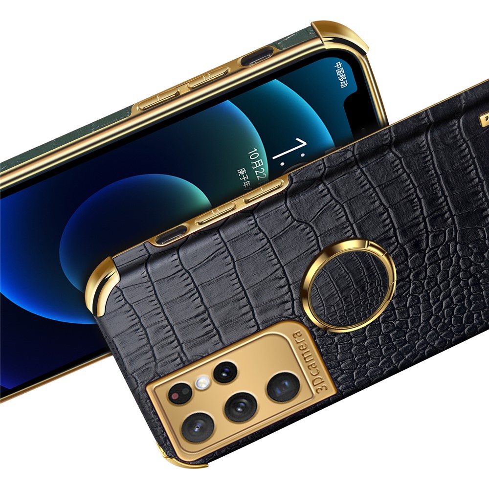 Crocodile Texture PU Leather Design + TPU Electroplating Precise Cutout Phone Cover with Ring Holder for Samsung Galaxy S21 Ultra 5G - Yellow-9