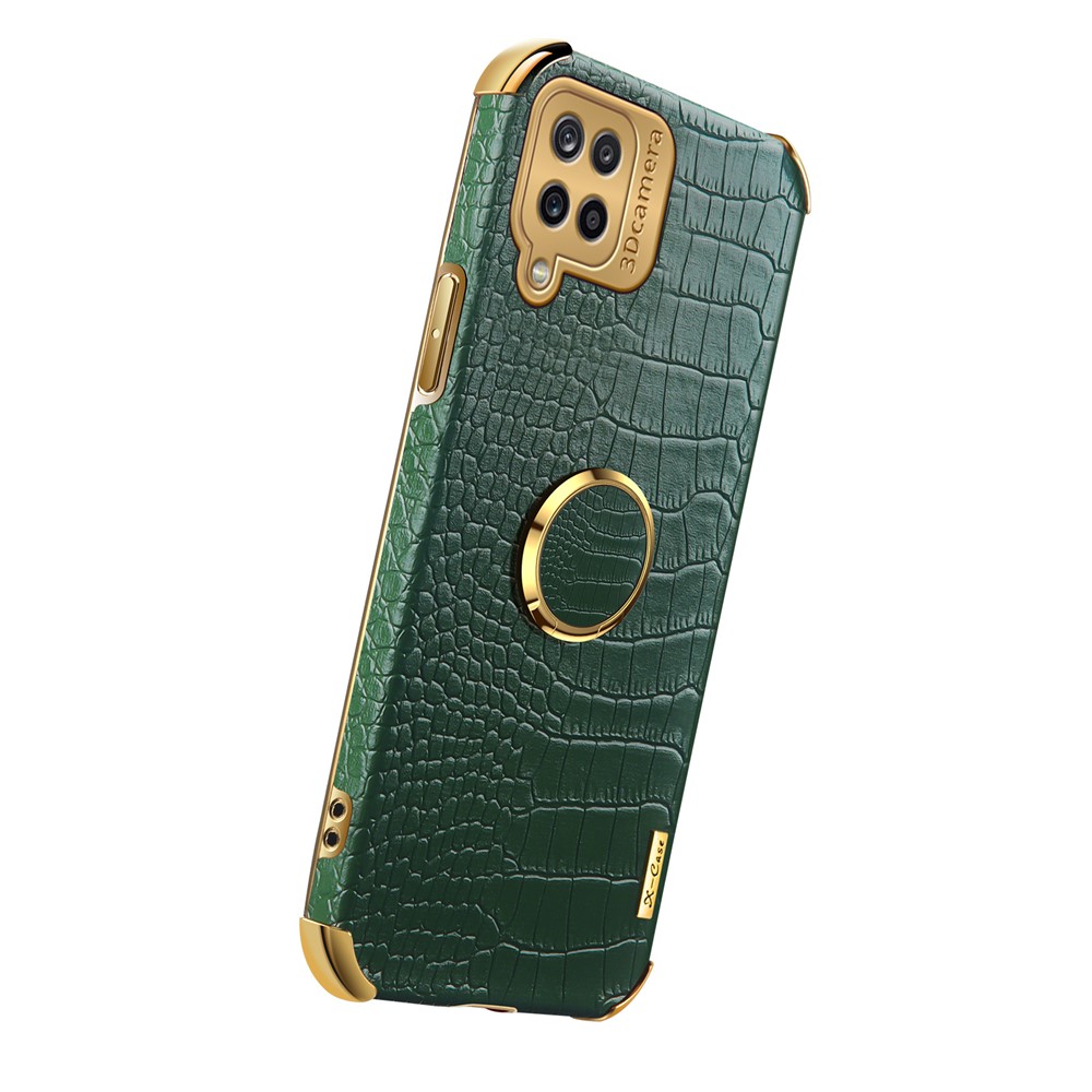 Electroplating Crocodile Texture PU Leather Design Precise Cutout TPU Phone Cover with Ring Holder for Samsung Galaxy A12 - Green-2