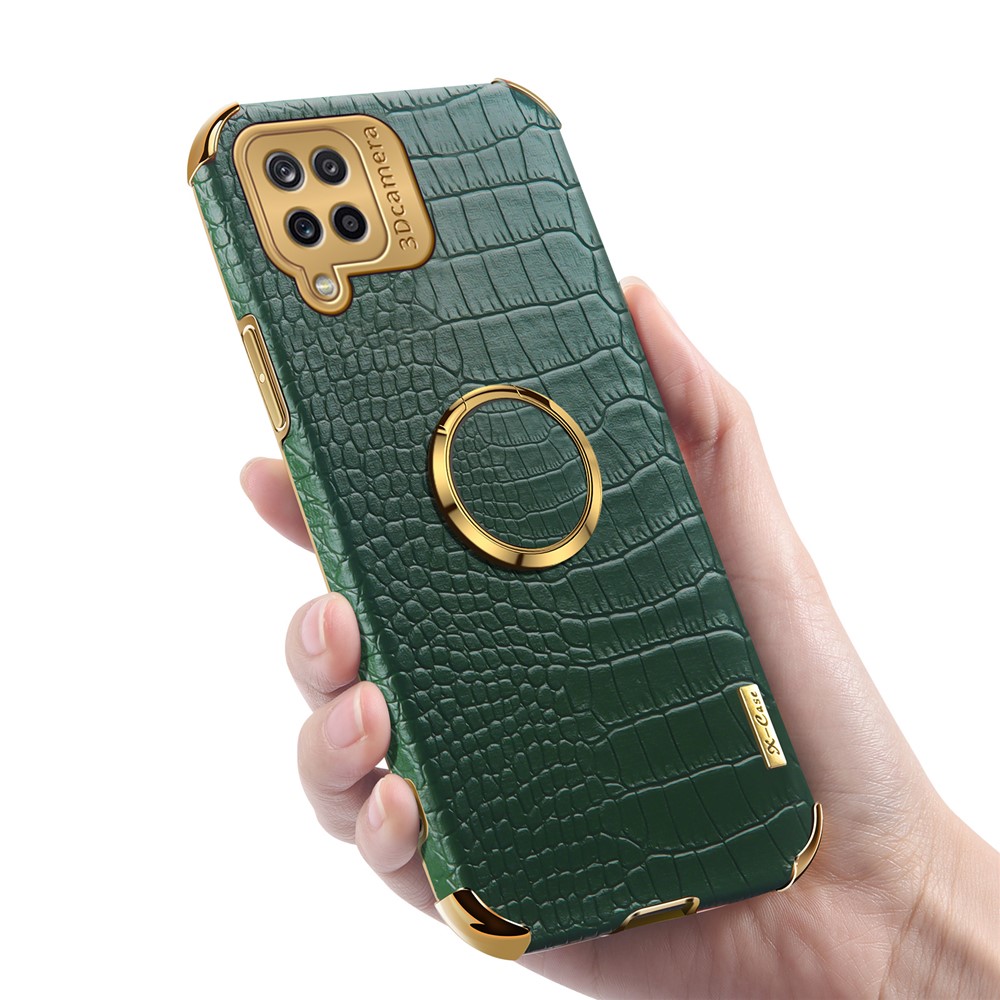 Electroplating Crocodile Texture PU Leather Design Precise Cutout TPU Phone Cover with Ring Holder for Samsung Galaxy A12 - Green-3