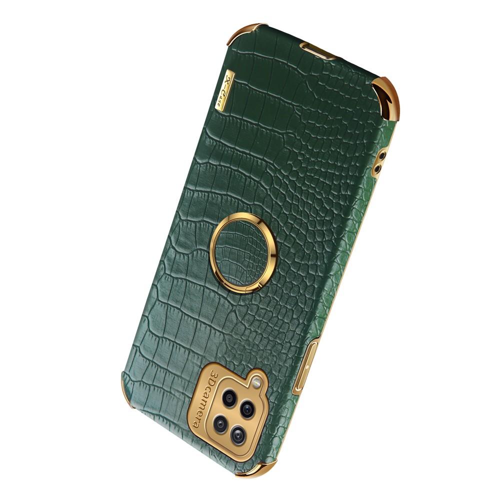 Electroplating Crocodile Texture PU Leather Design Precise Cutout TPU Phone Cover with Ring Holder for Samsung Galaxy A12 - Green-4