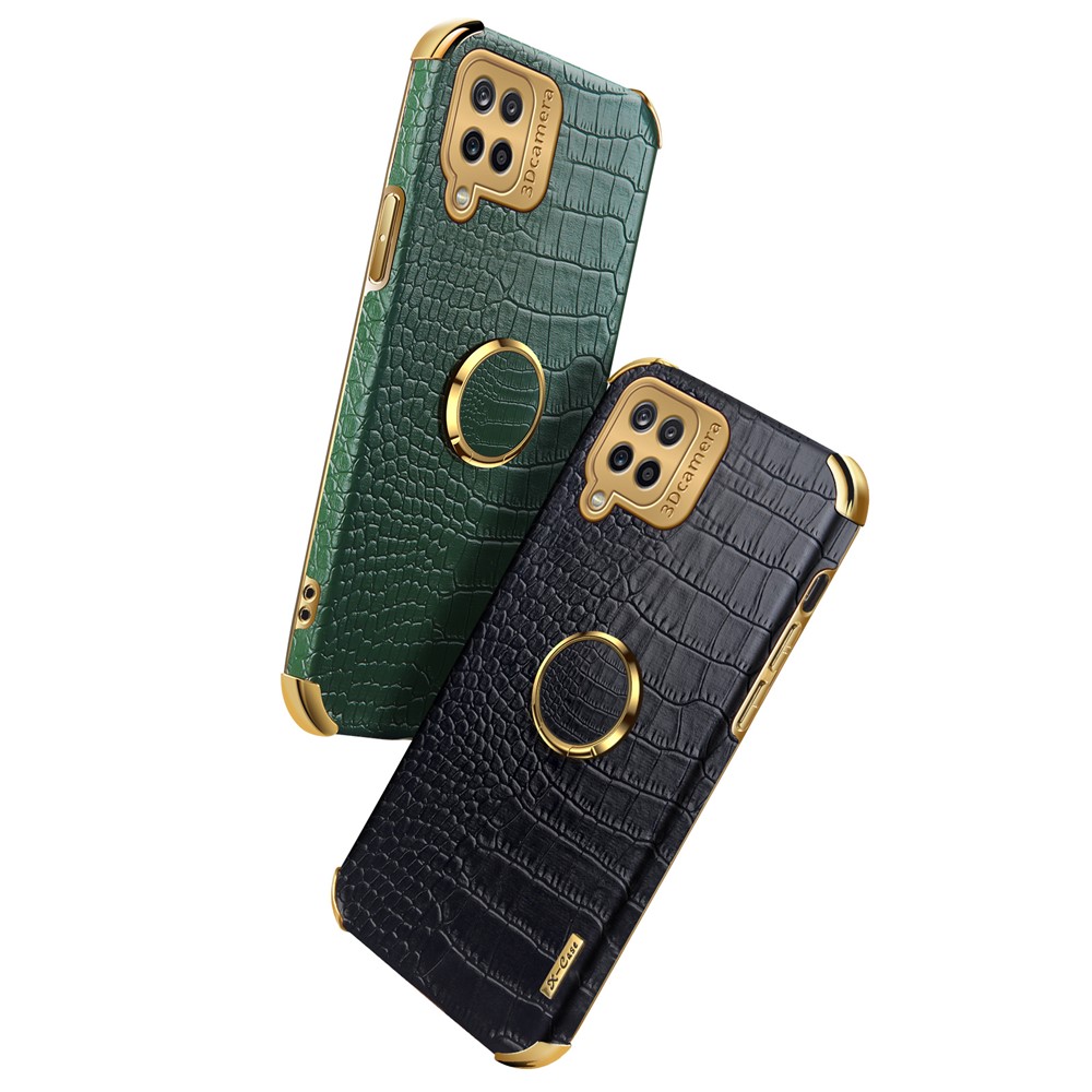 Electroplating Crocodile Texture PU Leather Design Precise Cutout TPU Phone Cover with Ring Holder for Samsung Galaxy A12 - Green-5