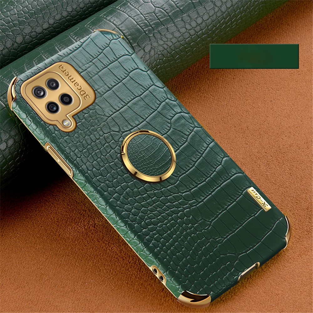 Electroplating Crocodile Texture PU Leather Design Precise Cutout TPU Phone Cover with Ring Holder for Samsung Galaxy A12 - Green-6