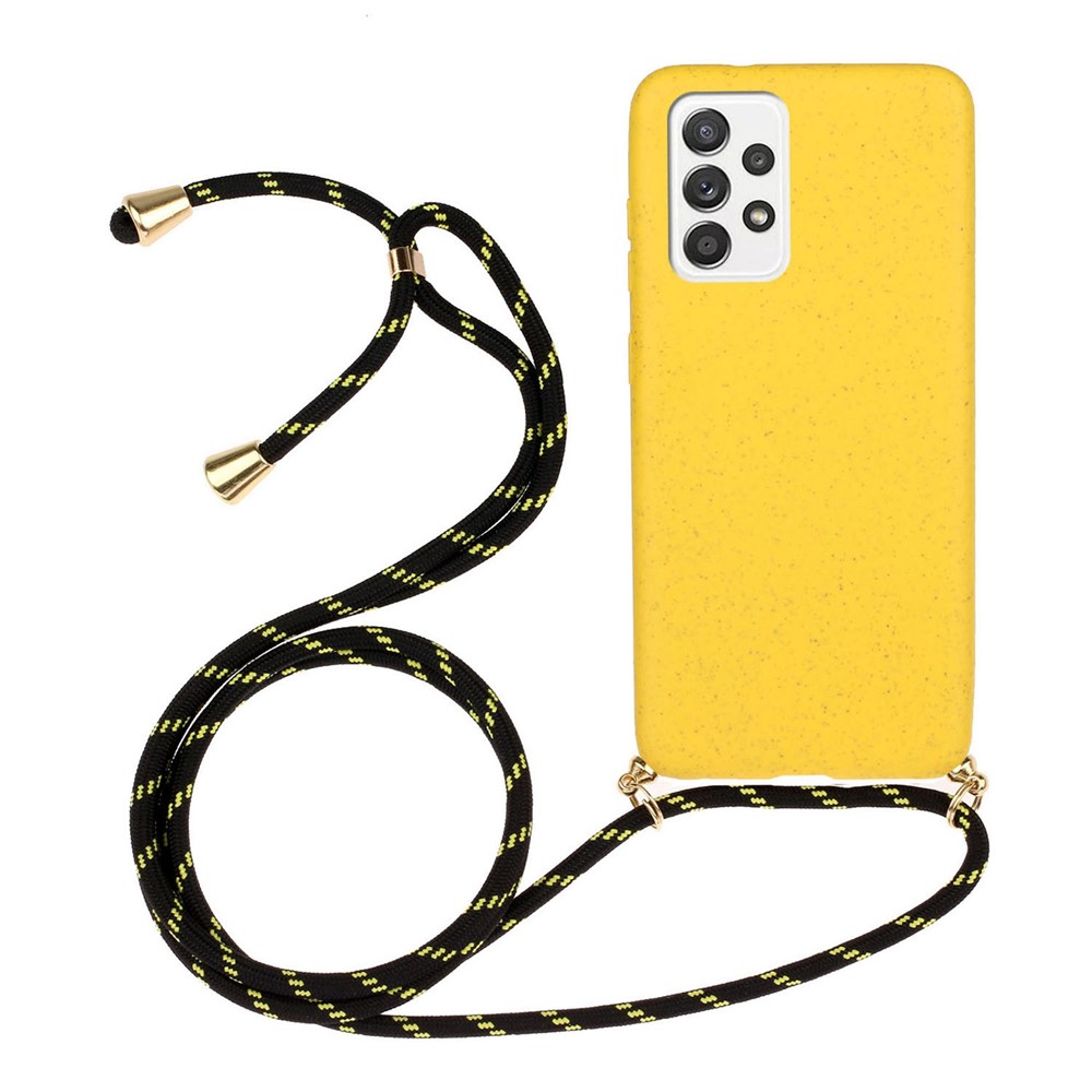 Eco-Friendly Natural Wheat Straw Soft TPU Phone Case with Long Hanging Rope for Samsung Galaxy A52 5G / 4G - Yellow-1