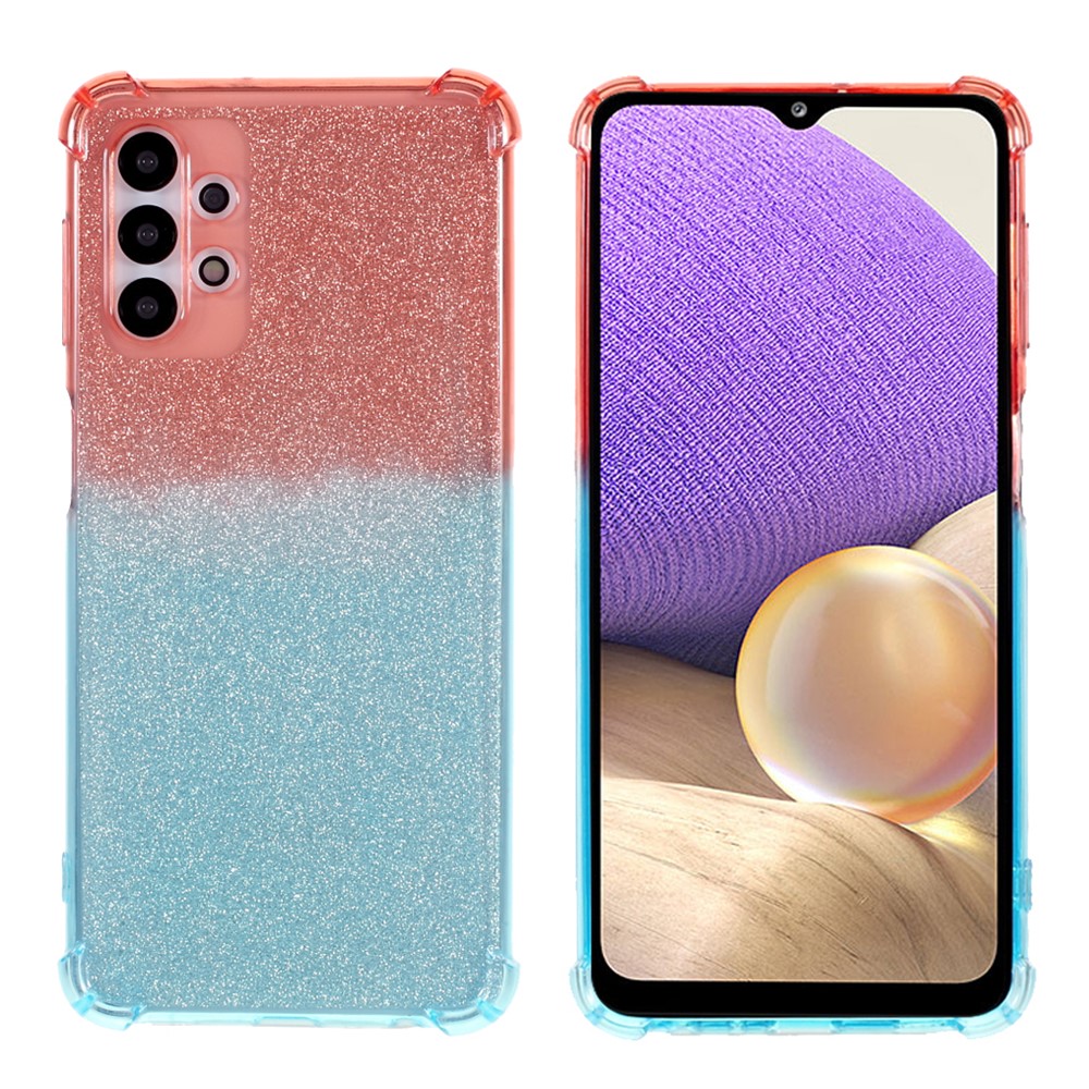 Shock-Absorption Gradient Color Glittery Powder Paper TPU Phone Cover for Samsung Galaxy A32 5G - Pink / Blue-1
