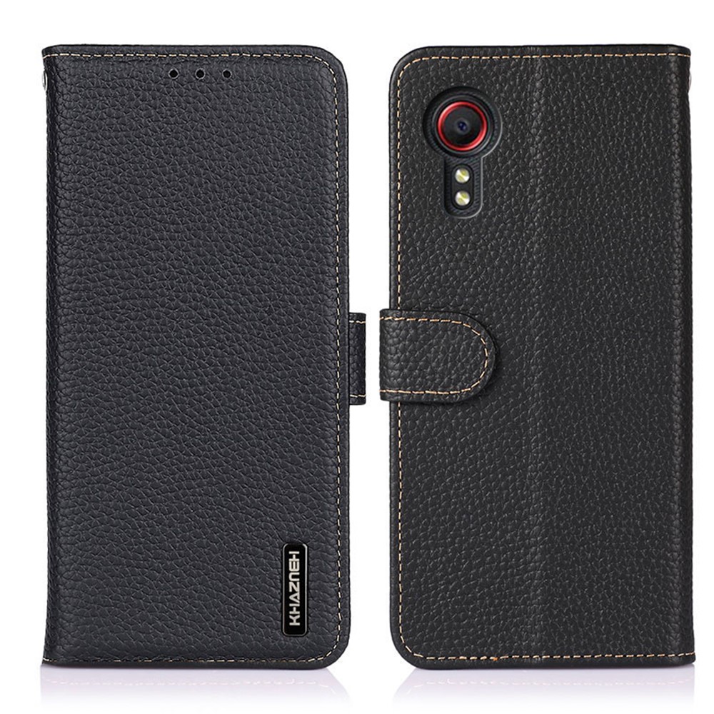 KHAZNEH for Samsung Galaxy Xcover 5 Wallet Design Litchi Texture Top Layer Genuine Leather Shell Cell Phone Stand Case - Black-1