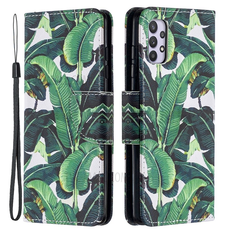 Pattern Printing Phone Cover PU Leather Stand Case with Strap for Samsung Galaxy A52 4G/5G - Leaf-1