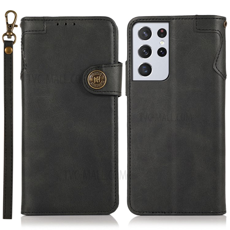 KHAZNEH Shockproof PU Leather Stand Wallet Mobile Phone Cover for Samsung Galaxy S21 Ultra 5G - Black-1