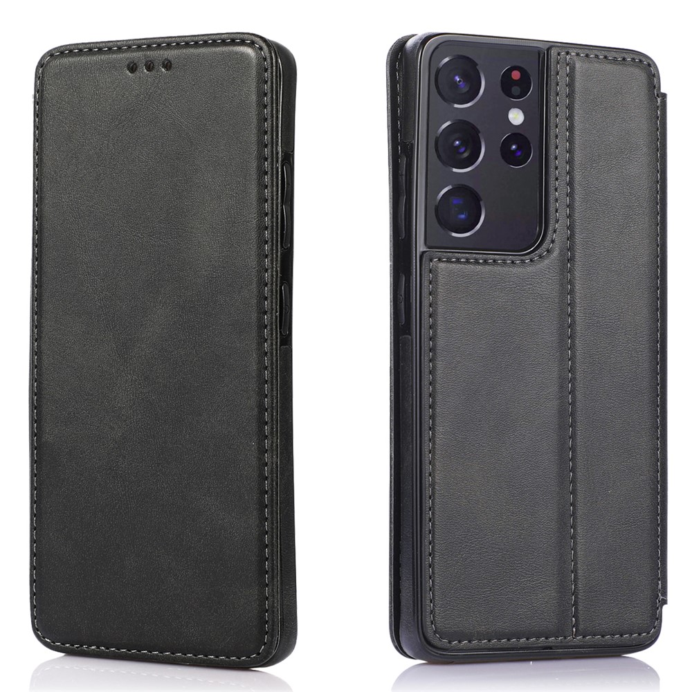 Jazz Series Auto-absorbed Stand Leather Protector Phone Cover with Card Slots for Samsung Galaxy S21 Ultra 5G - Black-1