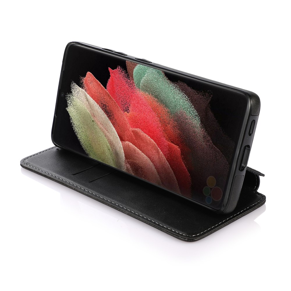 Jazz Series Auto-absorbed Stand Leather Protector Phone Cover with Card Slots for Samsung Galaxy S21 Ultra 5G - Black-3