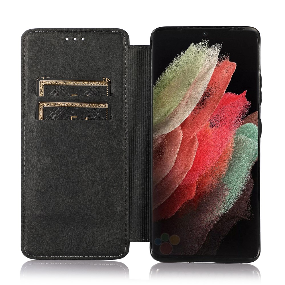 Jazz Series Auto-absorbed Stand Leather Protector Phone Cover with Card Slots for Samsung Galaxy S21 Ultra 5G - Black-5