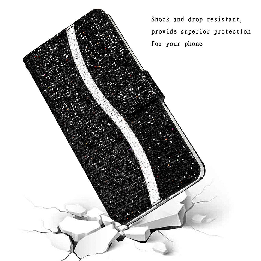 Glittery Powder Splicing Wallet Leather Case Stand Cover for Samsung Galaxy A12 - Black-7