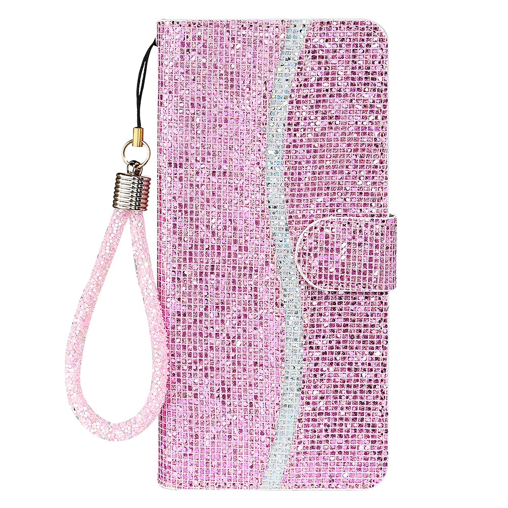 Glittery Powder Splicing Wallet Leather Case Stand Cover with Strap for Samsung Galaxy A32 5G - Rose Gold-1