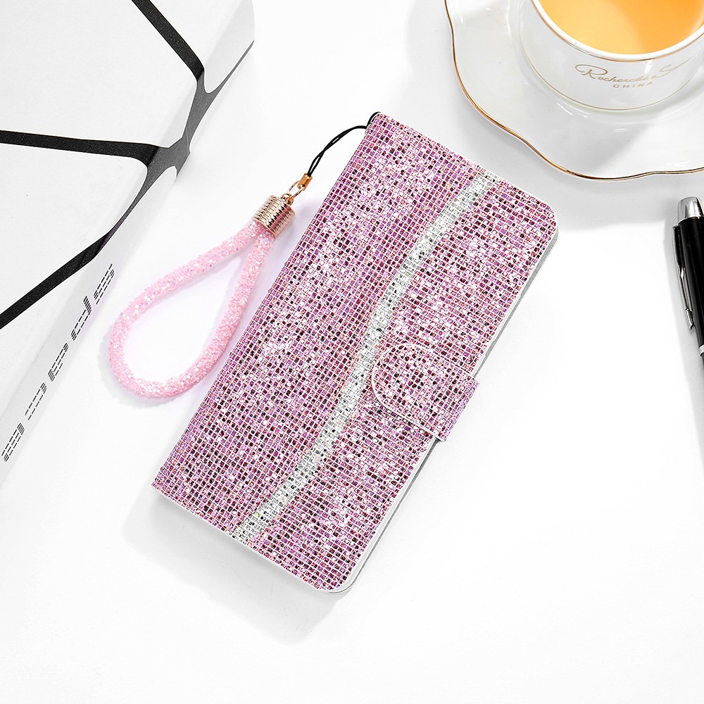 Glittery Powder Splicing Wallet Leather Case Stand Cover with Strap for Samsung Galaxy A32 5G - Rose Gold-3