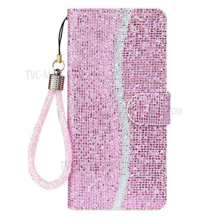 Glittery Powder Splicing PU Leather Case Stand Wallet Cover with Strap for Samsung Galaxy A72 5G - Rose Gold-1