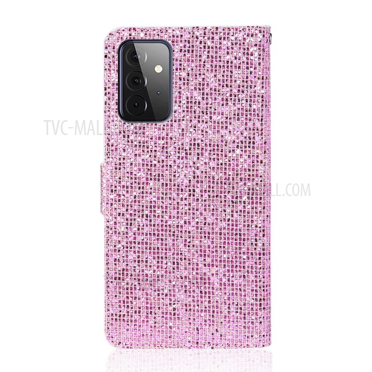 Glittery Powder Splicing PU Leather Case Stand Wallet Cover with Strap for Samsung Galaxy A72 5G - Rose Gold-2