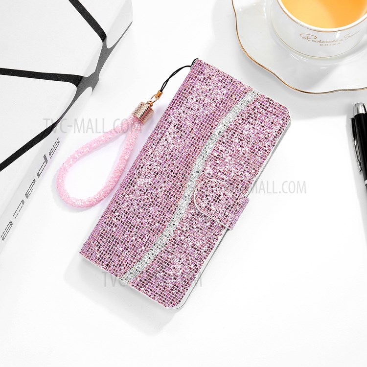 Glittery Powder Splicing PU Leather Case Stand Wallet Cover with Strap for Samsung Galaxy A72 5G - Rose Gold-3