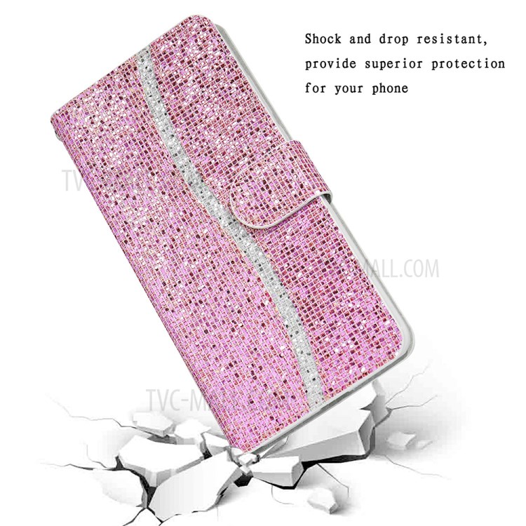 Glittery Powder Splicing PU Leather Case Stand Wallet Cover with Strap for Samsung Galaxy A72 5G - Rose Gold-7