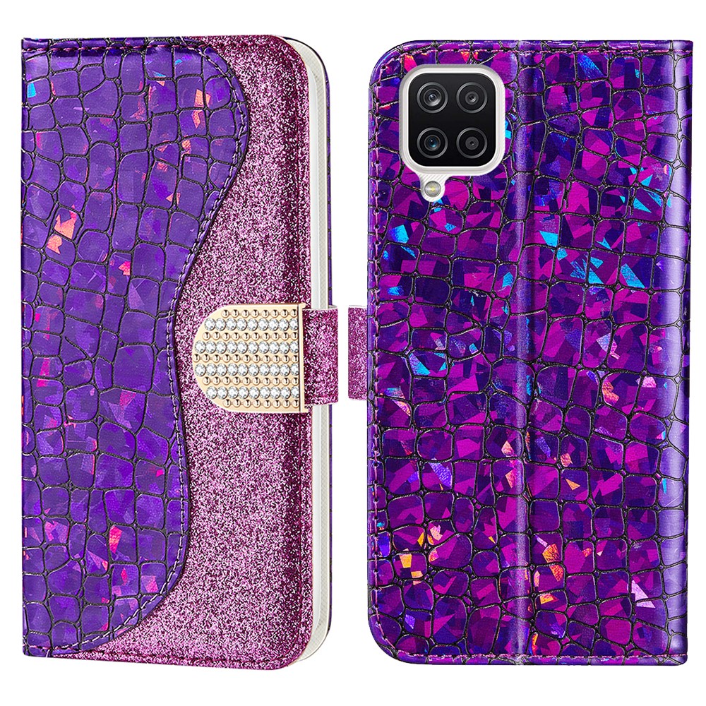 Crocodile Skin Glittery Powder Splicing Leather Stand Wallet Case for Samsung Galaxy A12 - Purple-1